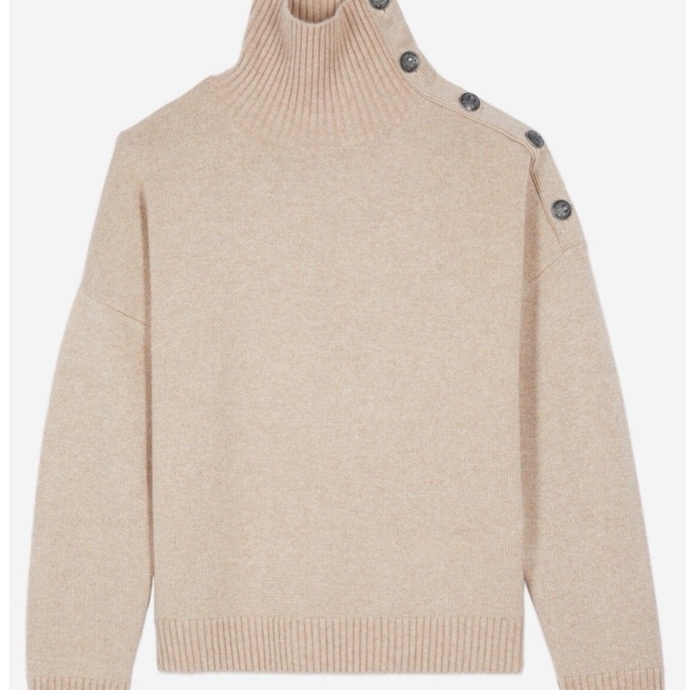 The Kooples Beige Wool & Cashmere High Collar Sweater with Button Detail